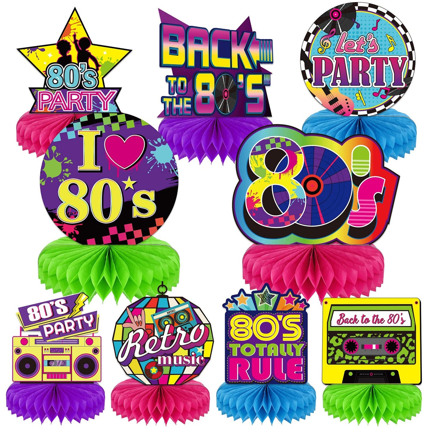 Retro 80's Honeycomb Table Centerpieces - Set of 9 | 1980s Party Decorations for Tables | Hippie Theme Table Toppers for Birthday, Baby Shower & Events