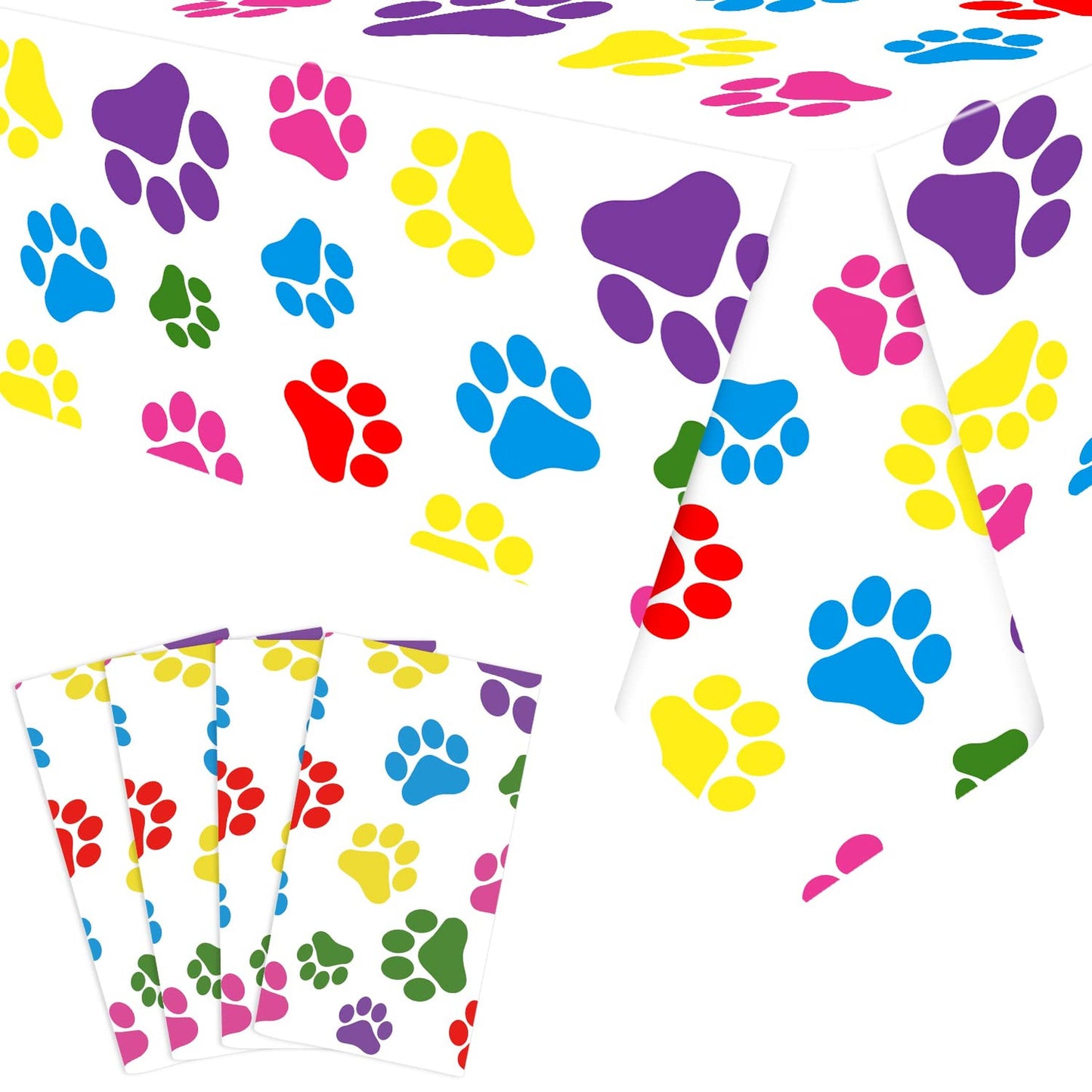 PawPrint Party Pack - Dog Cat Birthday Decorations, Plastic Tablecloth Table Cover, Paw Design, 4 Pack, 51"x86", Pet Party Supplies, Puppy Theme