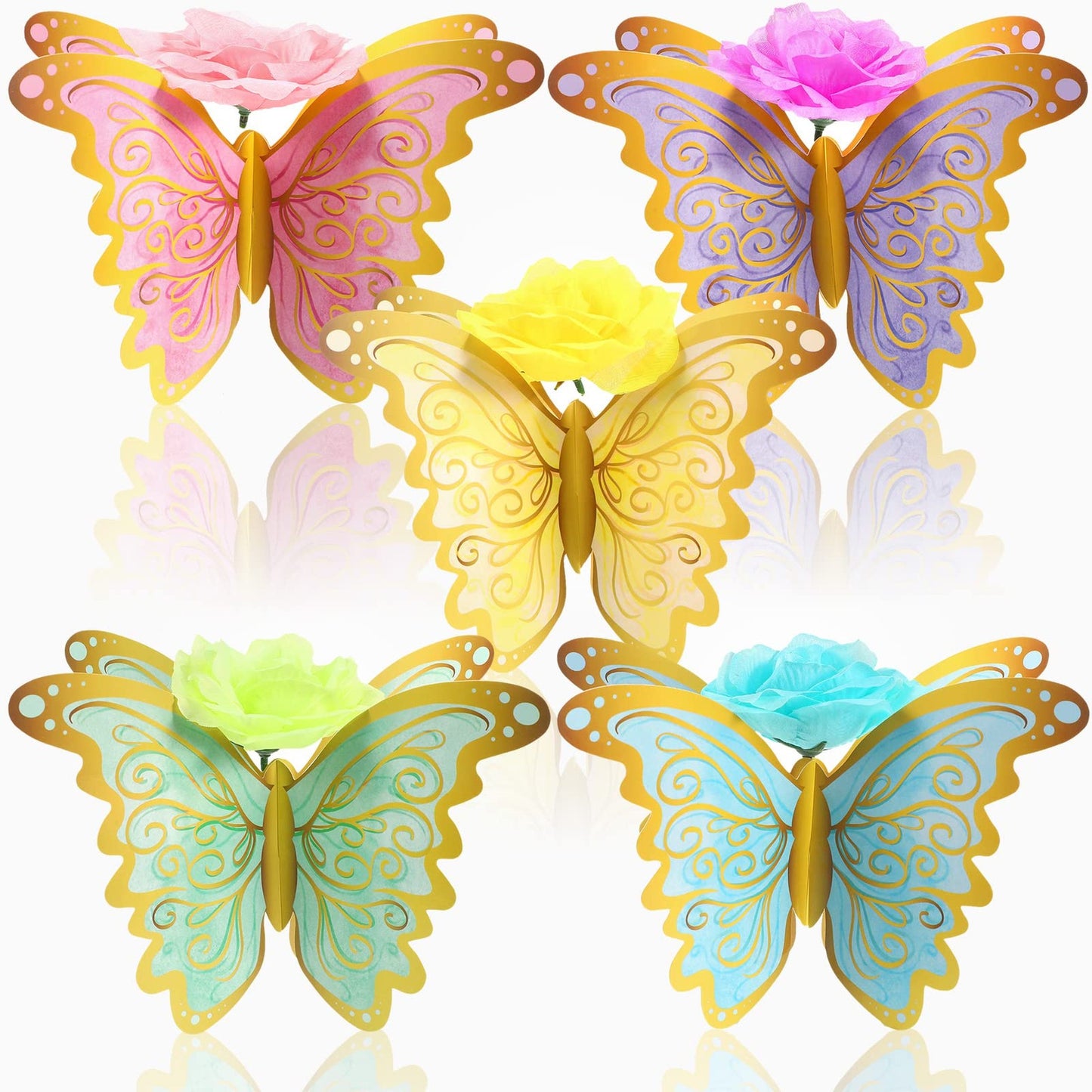 Golden Butterfly Table Toppers with Flower Heads - Set of 10 | Butterfly Party Centerpieces for Baby Shower, Wedding Decorations & Birthday Supplies