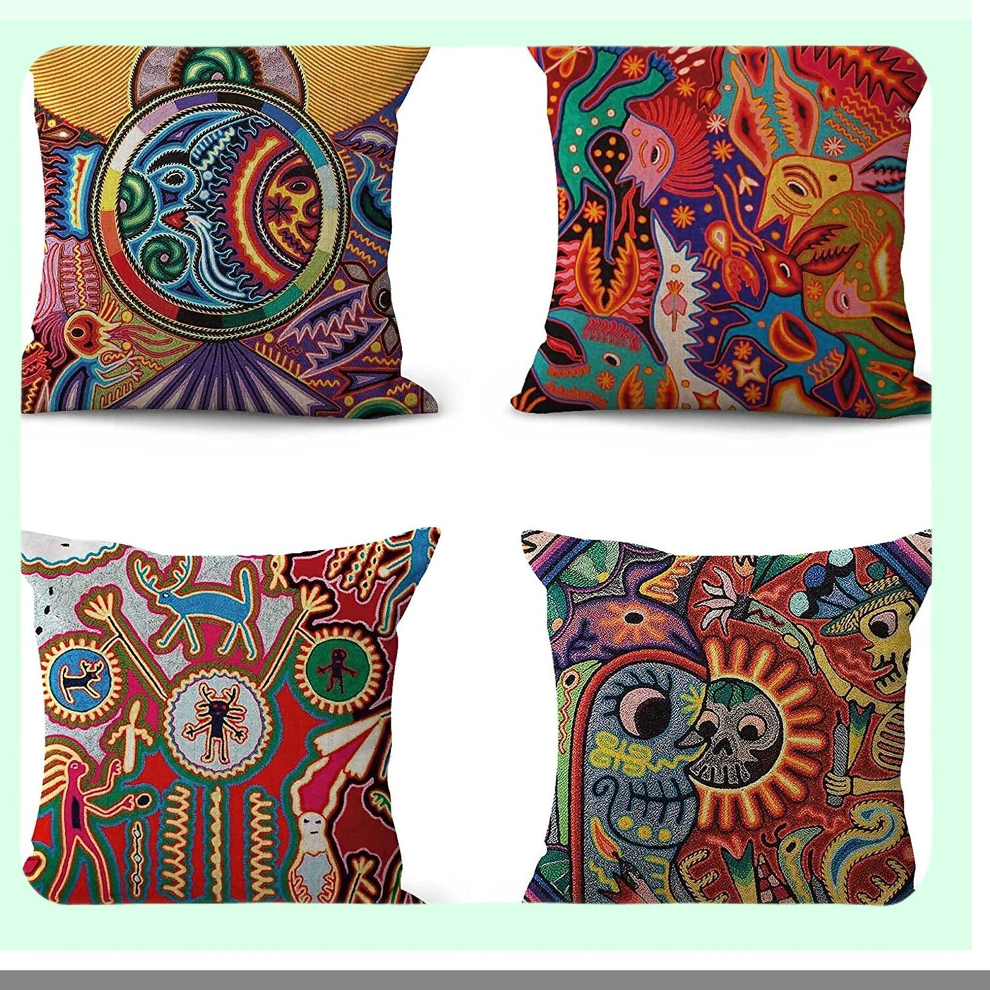 Mexican Huichol Linen Pillowcase Set - Decorative Throw Pillow Covers for Home Decor - Square 22x22 Inches Cushion Covers - Set of 4 Folk Art Pillowcases