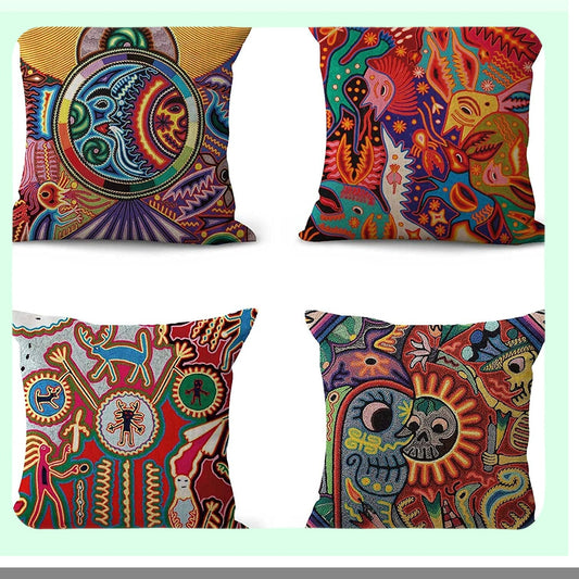 Mexican Huichol Linen Pillowcase Set - Decorative Throw Pillow Covers for Home Decor - Square 22x22 Inches Cushion Covers - Set of 4 Folk Art Pillowcases