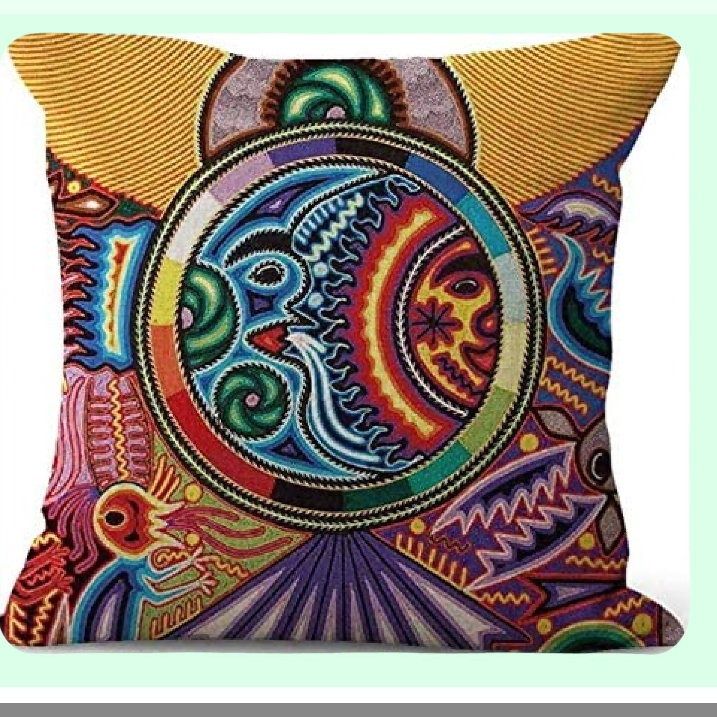 Mexican Huichol Linen Pillowcase Set - Decorative Throw Pillow Covers for Home Decor - Square 22x22 Inches Cushion Covers - Set of 4 Folk Art Pillowcases