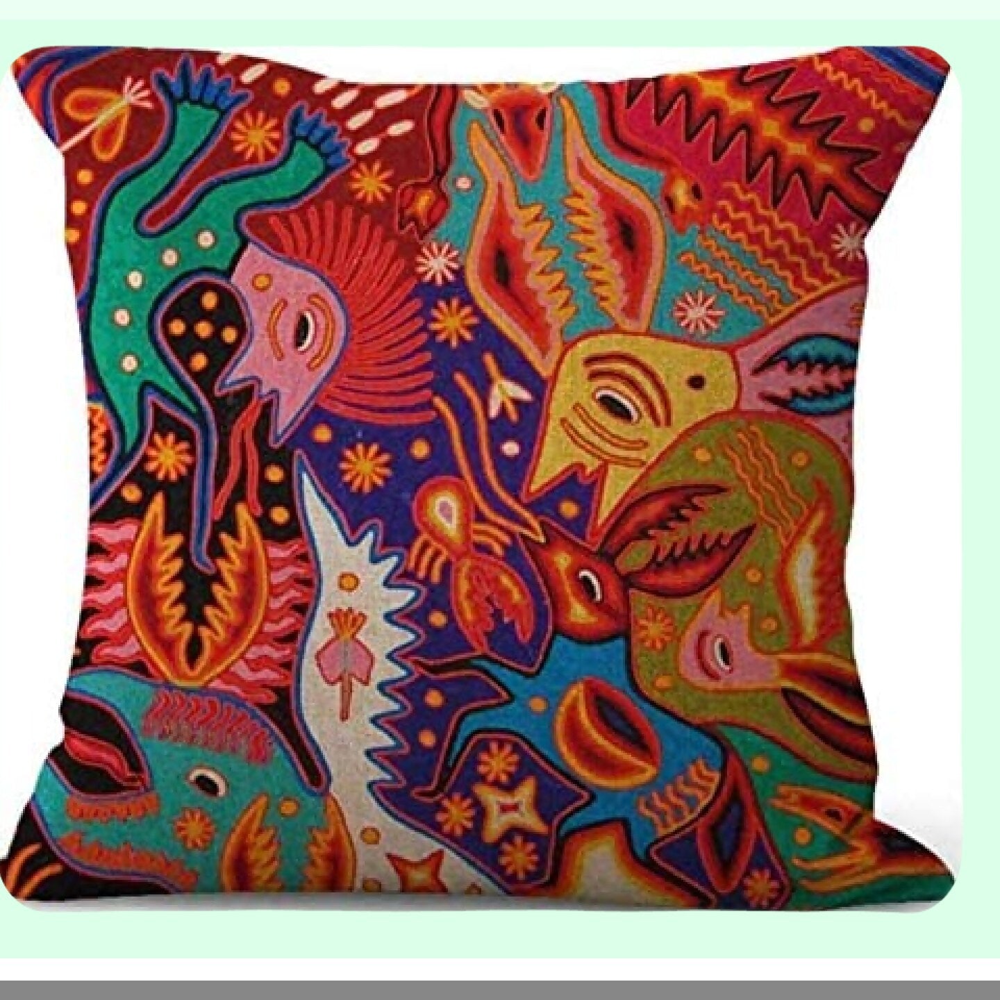 Mexican Huichol Linen Pillowcase Set - Decorative Throw Pillow Covers for Home Decor - Square 22x22 Inches Cushion Covers - Set of 4 Folk Art Pillowcases