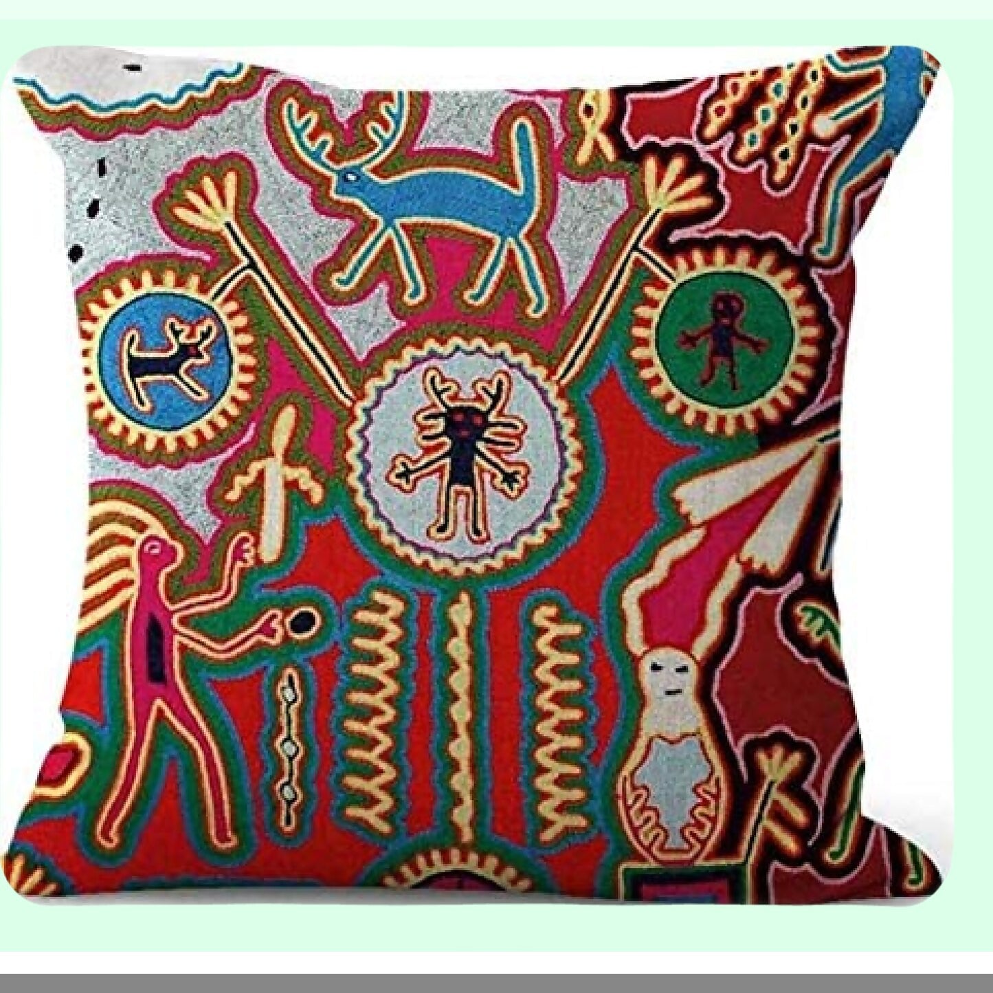 Mexican Huichol Linen Pillowcase Set - Decorative Throw Pillow Covers for Home Decor - Square 22x22 Inches Cushion Covers - Set of 4 Folk Art Pillowcases