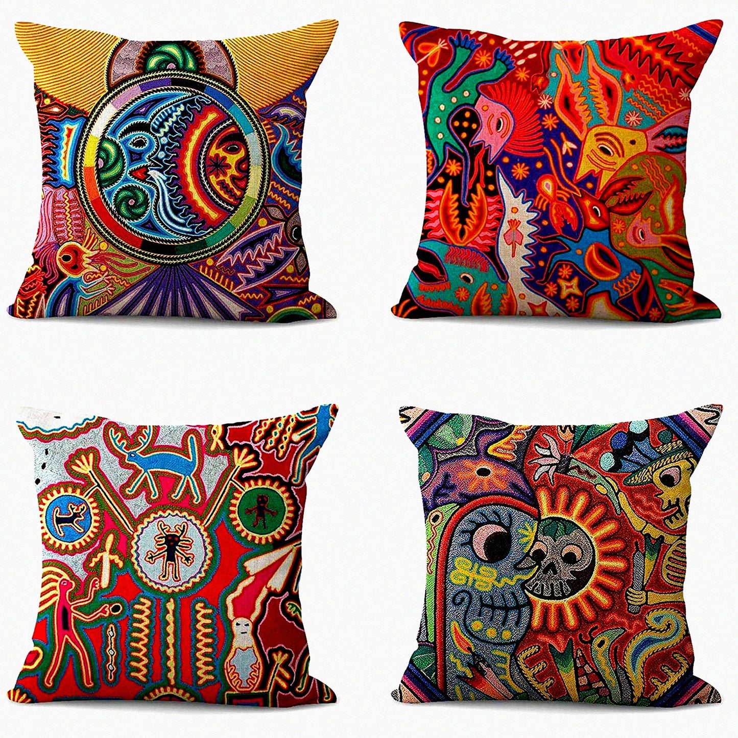 Mexican Huichol Linen Pillowcase Set - Decorative Throw Pillow Covers for Home Decor - Square 22x22 Inches Cushion Covers - Set of 4 Folk Art Pillowcases