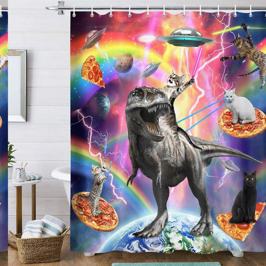 Funny Cat Dinosaur Space Shower Curtain 69x72in