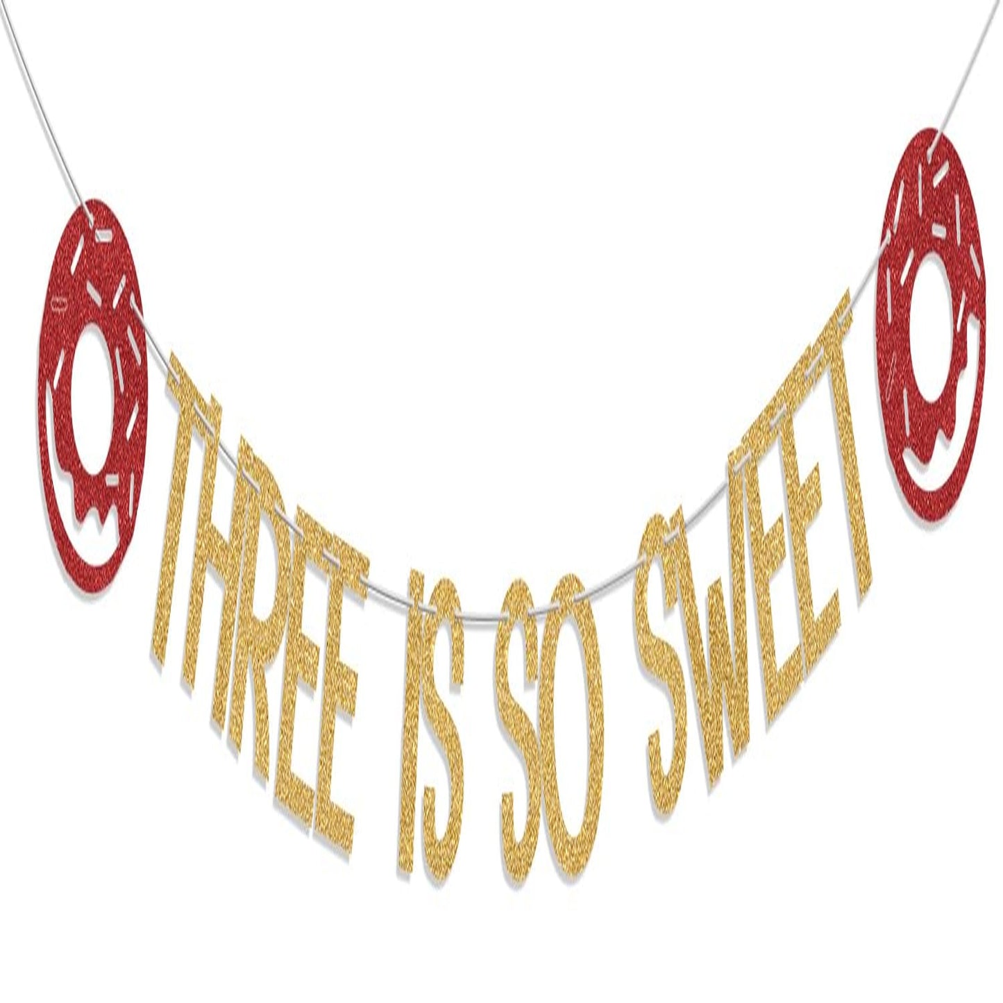 Sweet Donut Delight Banner - 3rd Birthday Party Decorations for Girls. Gold and Red Theme for Three Year Old Birthday Celebration.
