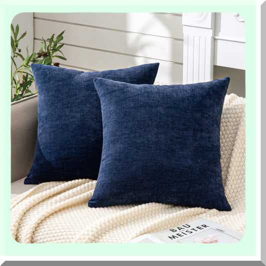 Chenille Fall Square Pillow Covers Set - Soft Navy Blue Cushion Cover for Living Room Sofa - Decorative Throw Pillowcase 18x18 Inch (2 Pack)