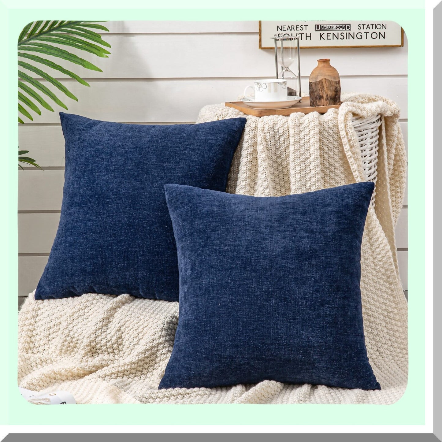 Chenille Fall Square Pillow Covers Set - Soft Navy Blue Cushion Cover for Living Room Sofa - Decorative Throw Pillowcase 18x18 Inch (2 Pack)