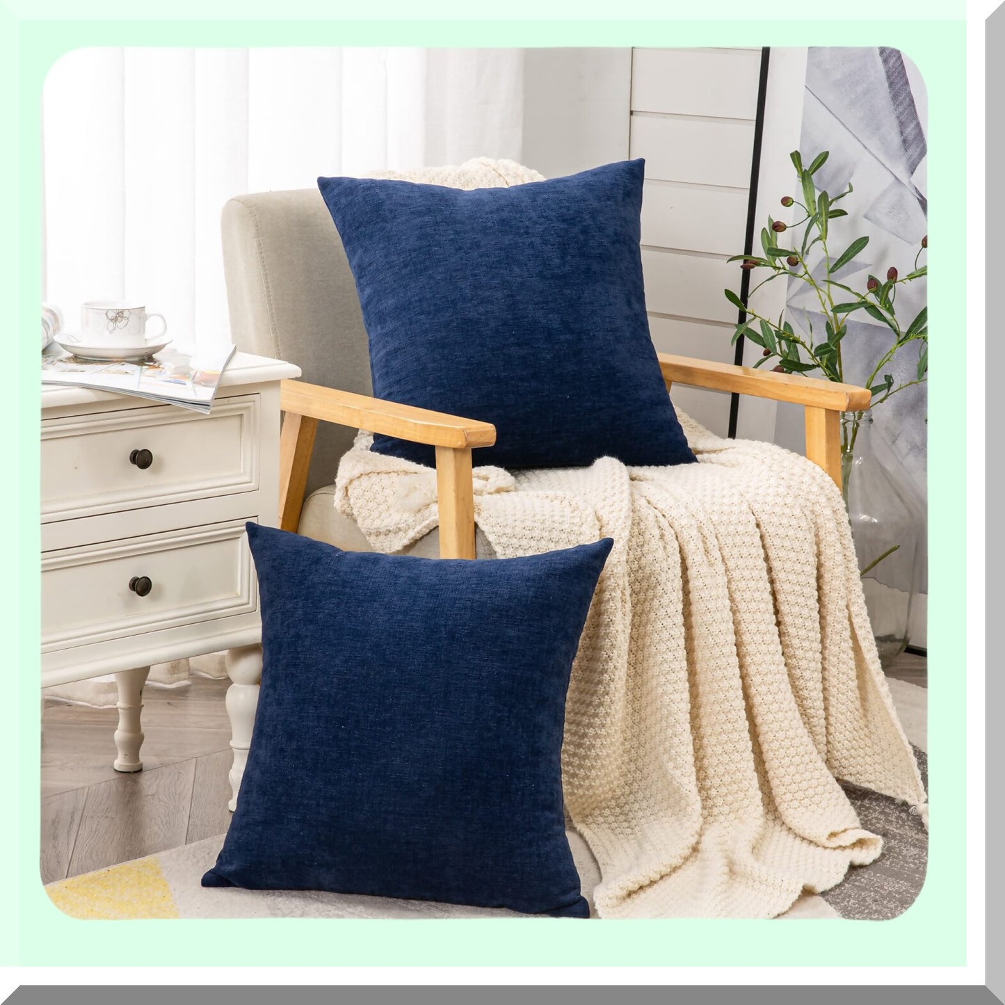 Chenille Fall Square Pillow Covers Set - Soft Navy Blue Cushion Cover for Living Room Sofa - Decorative Throw Pillowcase 18x18 Inch (2 Pack)