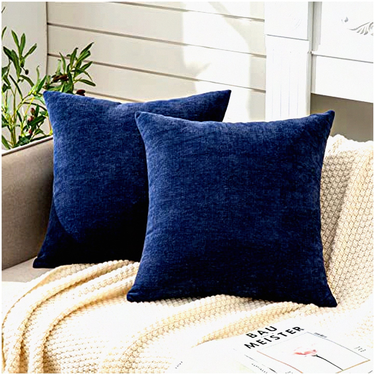 Chenille Fall Square Pillow Covers Set - Soft Navy Blue Cushion Cover for Living Room Sofa - Decorative Throw Pillowcase 18x18 Inch (2 Pack)