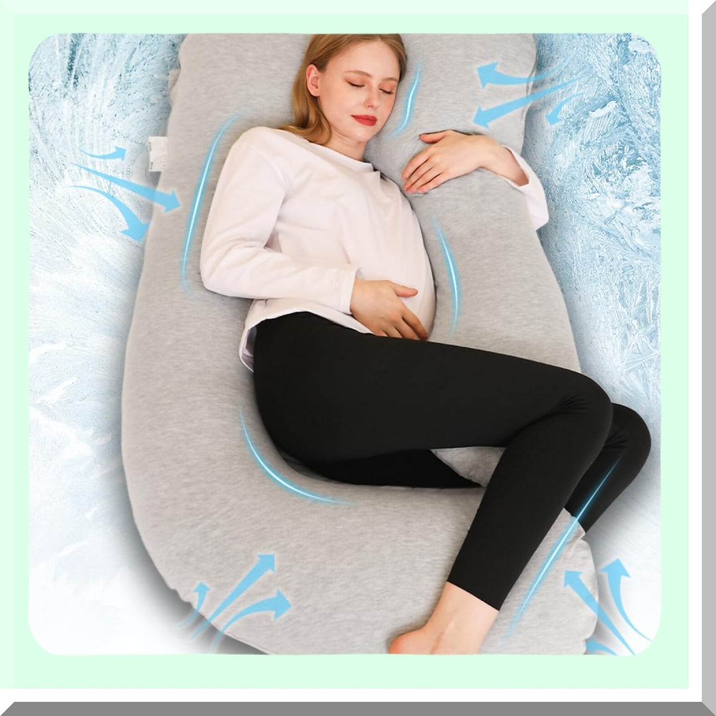 Cooling Comfort U Shaped Pregnancy Pillow - Full Body Maternity Pillow for Pregnant Women, 63 inch with Removable Washable Cover in Grey Jersey