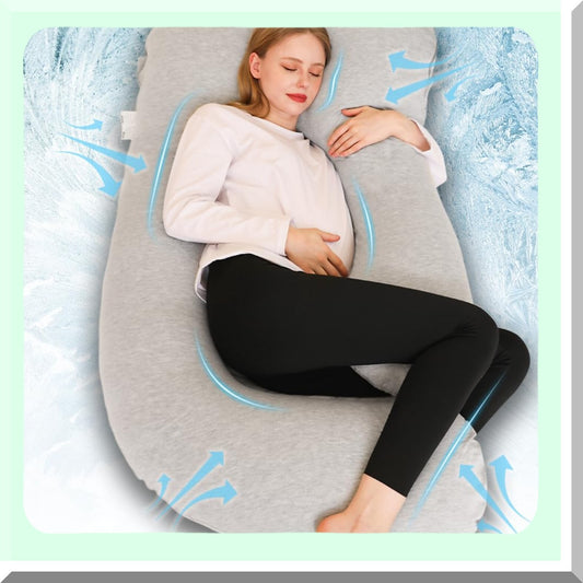 Cooling Comfort U Shaped Pregnancy Pillow - Full Body Maternity Pillow for Pregnant Women, 63 inch with Removable Washable Cover in Grey Jersey