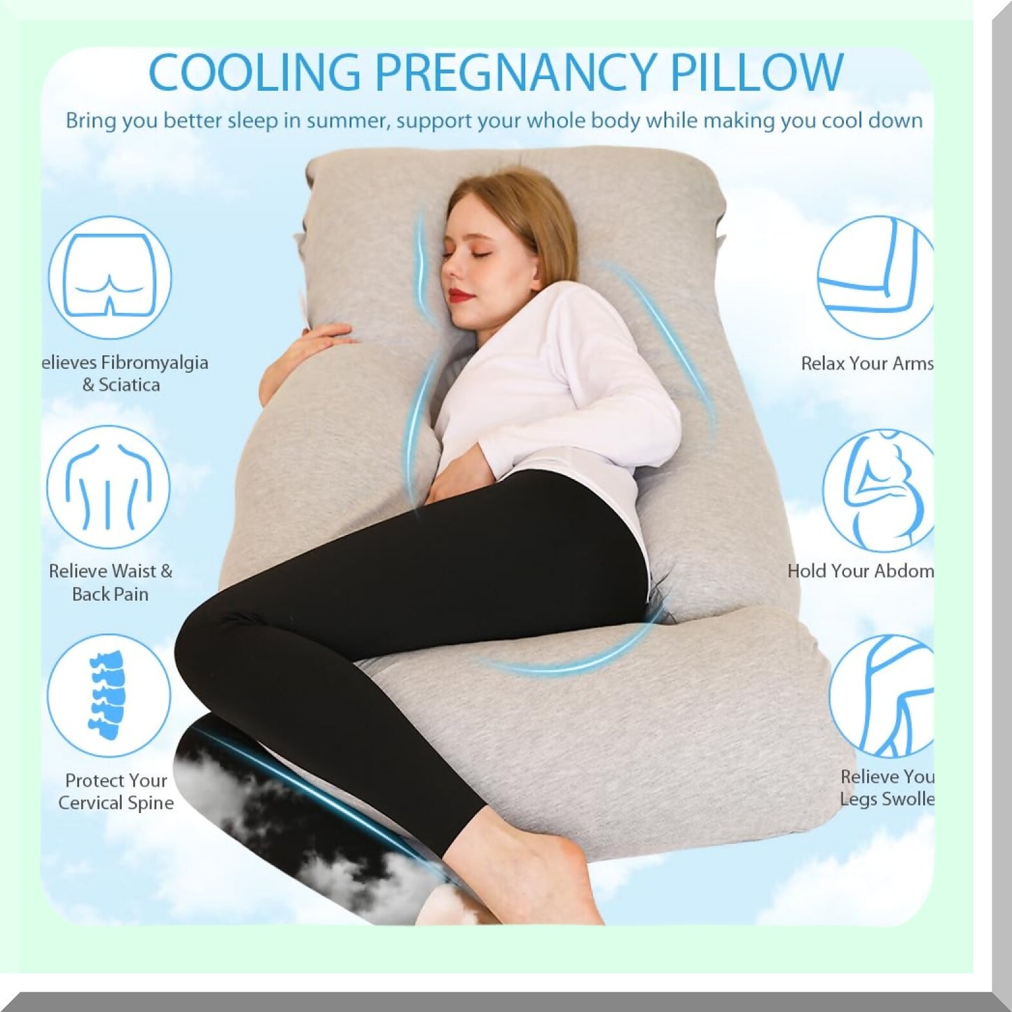 Cooling Comfort U Shaped Pregnancy Pillow - Full Body Maternity Pillow for Pregnant Women, 63 inch with Removable Washable Cover in Grey Jersey