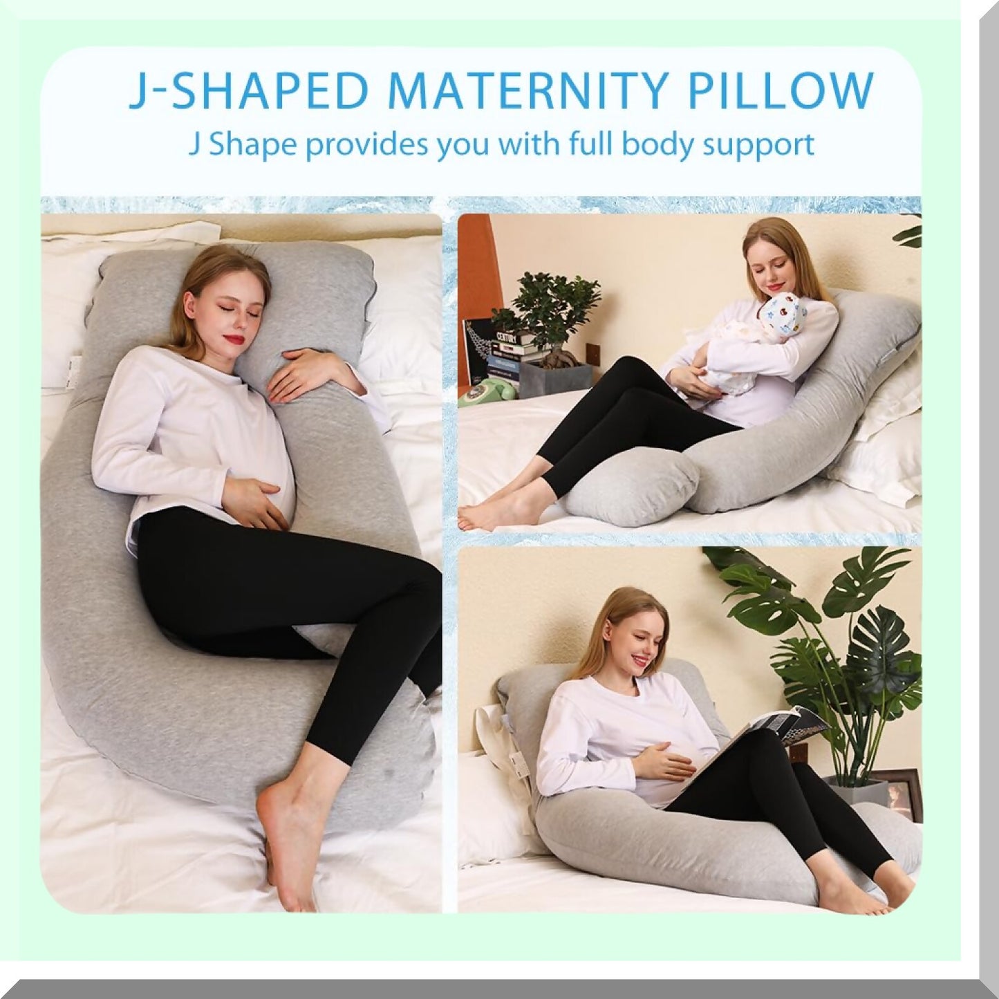 Cooling Comfort U Shaped Pregnancy Pillow - Full Body Maternity Pillow for Pregnant Women, 63 inch with Removable Washable Cover in Grey Jersey