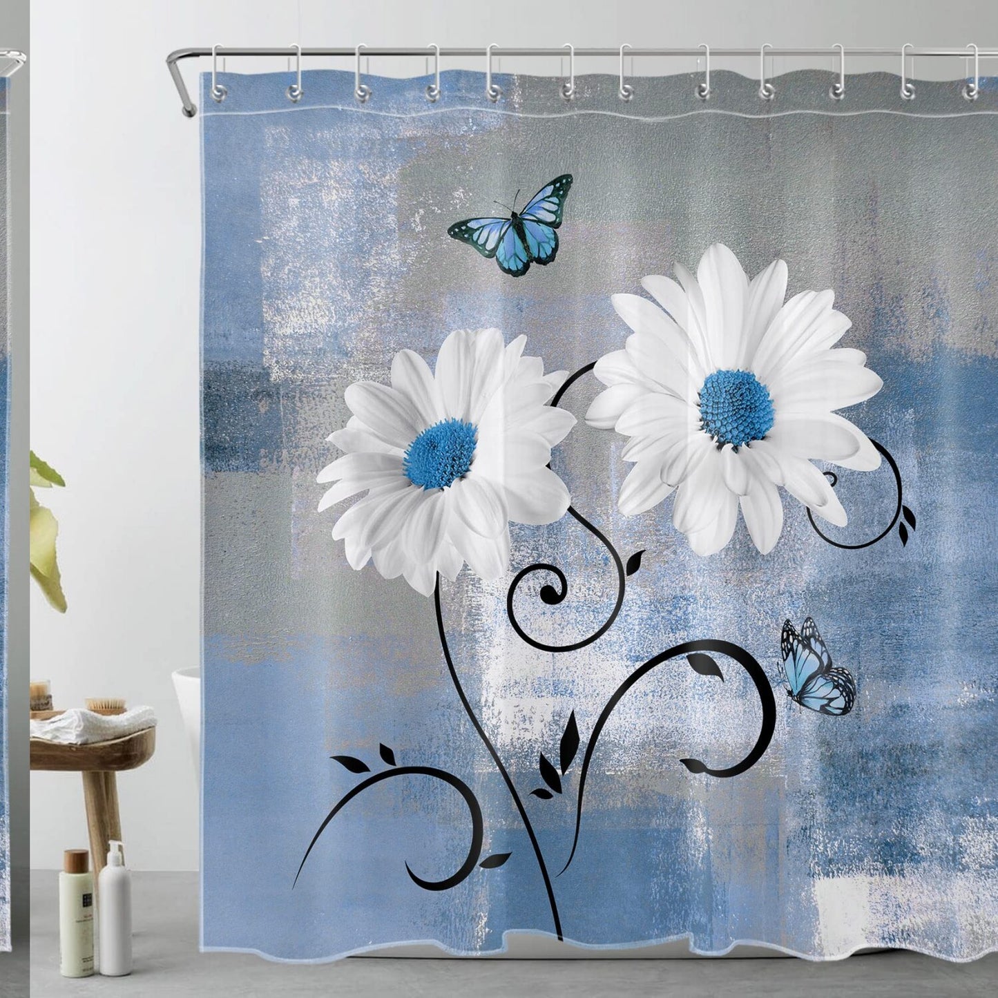 Farmhouse Floral Blue and White Shower Curtain 72x72