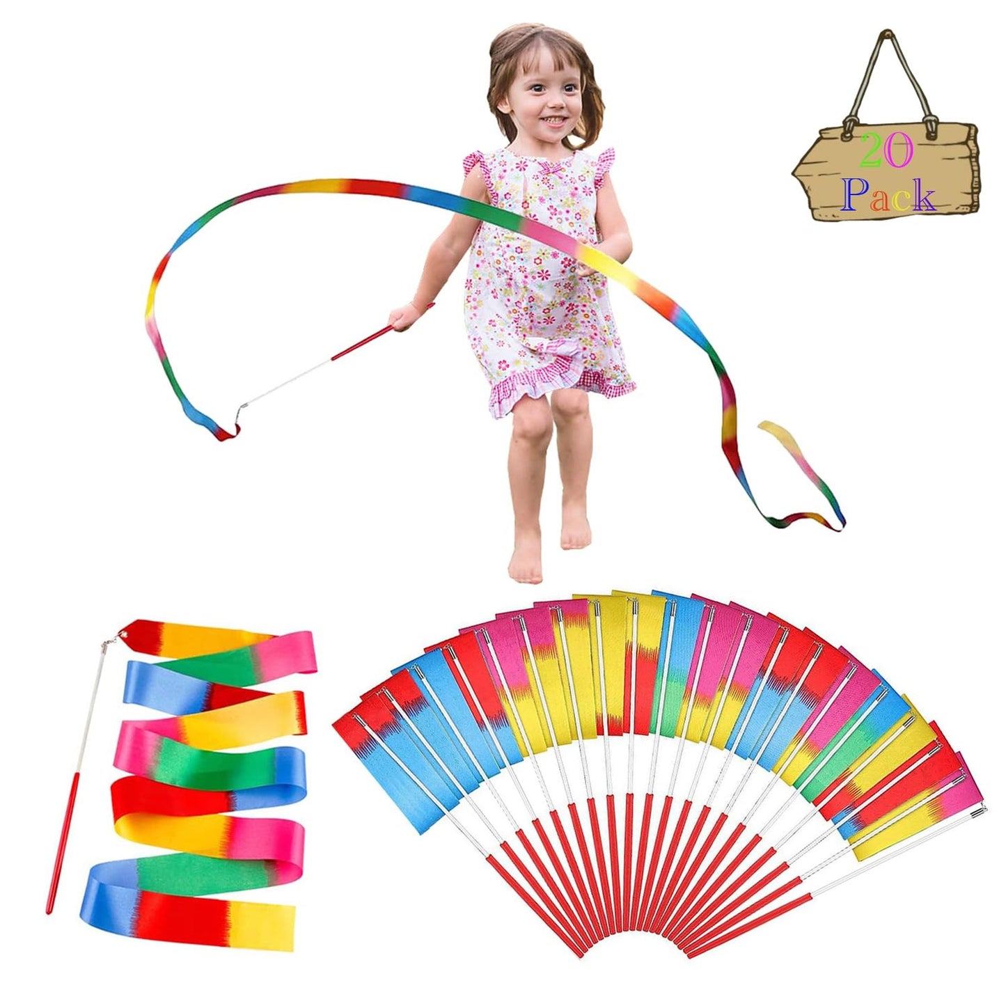 Rainbow Ribbon Dance Streamers - 20 Pack Party Favors for Kids & Adults. Twirling Ribbon Stick Wands for Gymnastics & Dance. Goodie Bag Stuffers & Supplies.