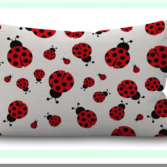 Ladybug Cotton Linen Lumbar Pillow Case - Home Office Decorative Throw Cushion Cover - Rectangle 12 X 20 Inches - Ladybird Theme