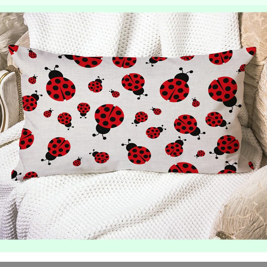 Ladybug Cotton Linen Lumbar Pillow Case - Home Office Decorative Throw Cushion Cover - Rectangle 12 X 20 Inches - Ladybird Theme