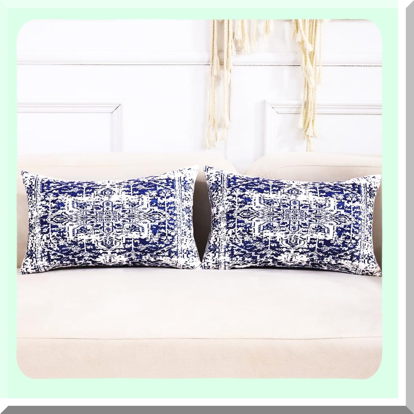 Navy Blue Velvet Lumbar Pillow Set - Boho Farmhouse Decor - Modern Living Room Couch Pillows - White Velvet 12x20 Pillow Covers - Set of 2