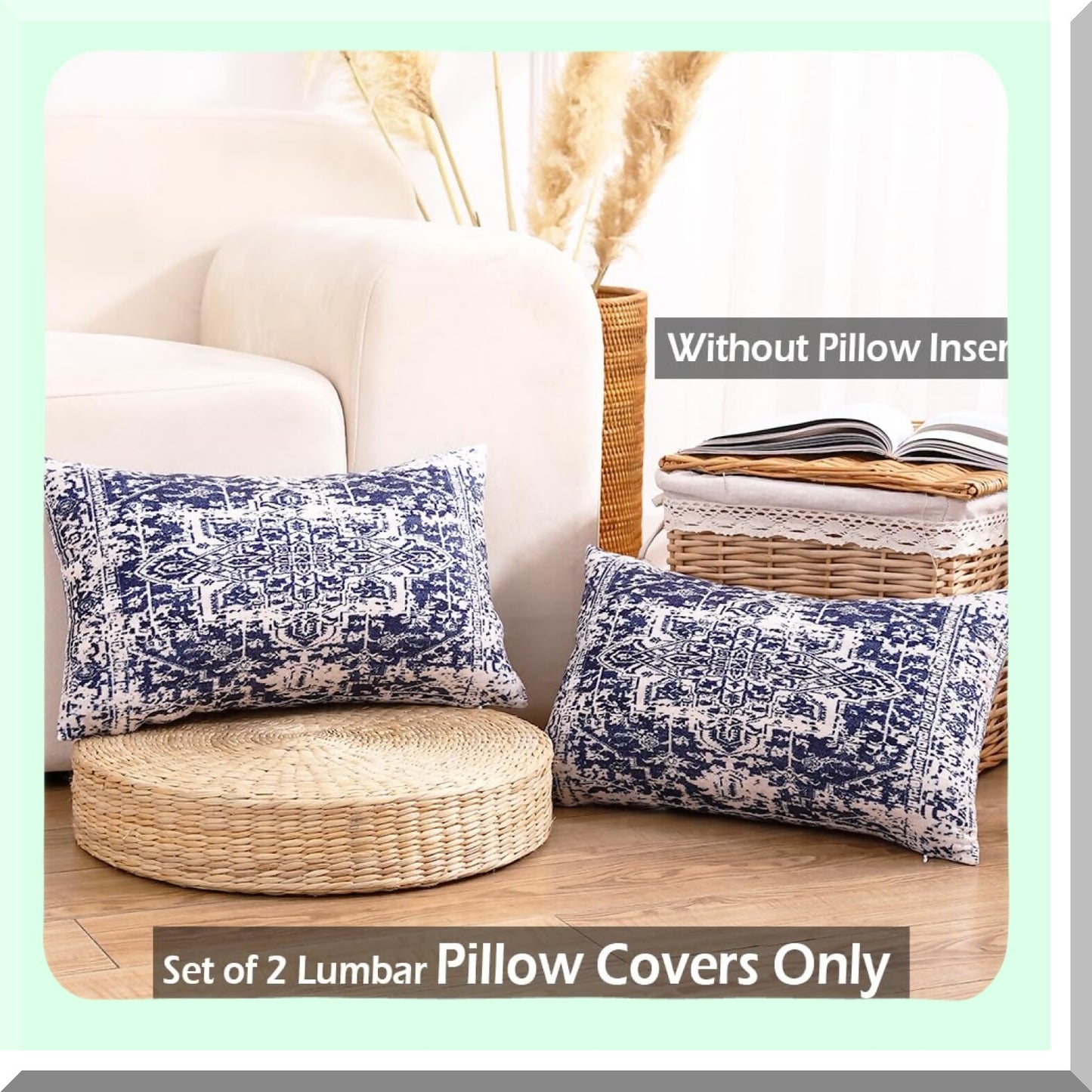 Navy Blue Velvet Lumbar Pillow Set - Boho Farmhouse Decor - Modern Living Room Couch Pillows - White Velvet 12x20 Pillow Covers - Set of 2