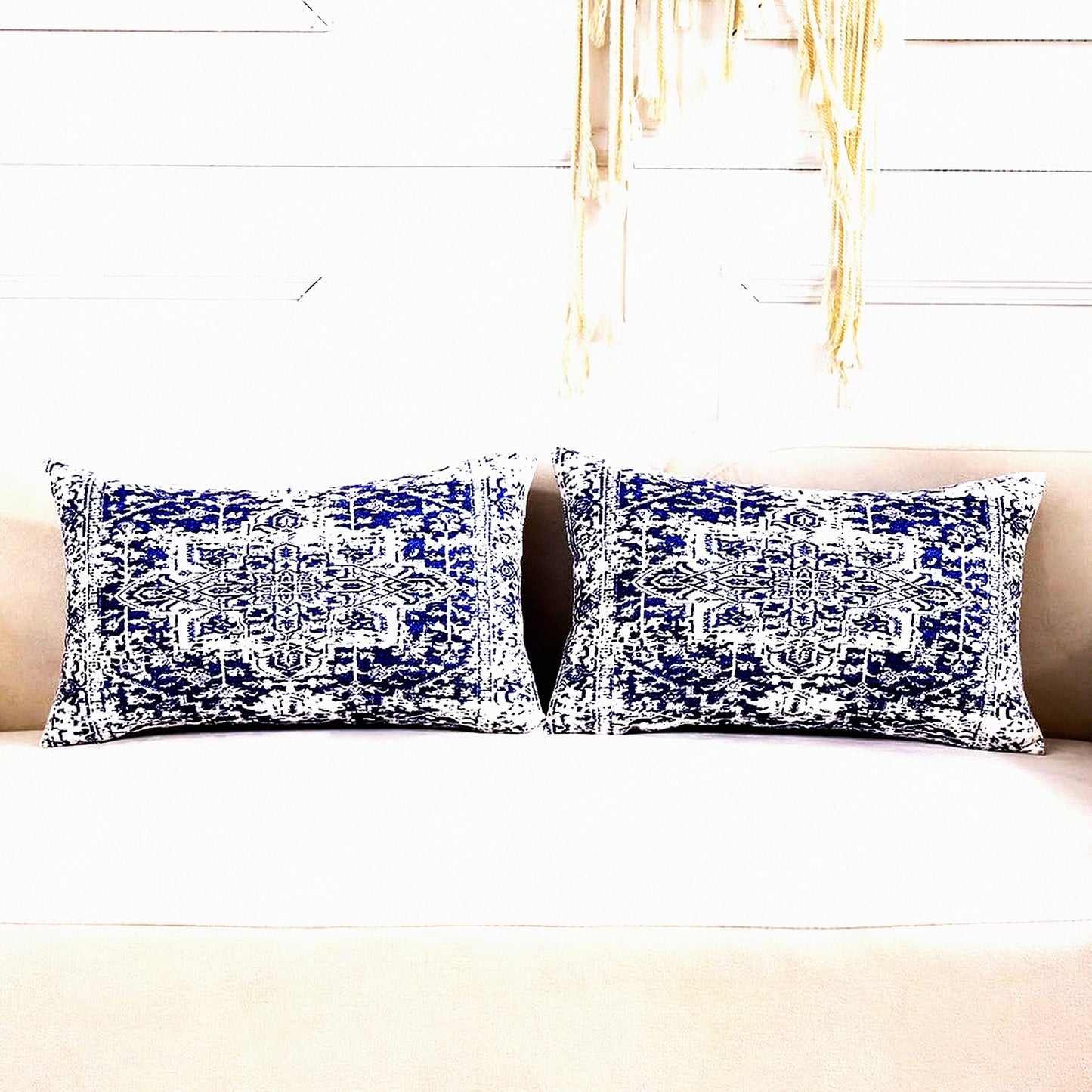Navy Blue Velvet Lumbar Pillow Set - Boho Farmhouse Decor - Modern Living Room Couch Pillows - White Velvet 12x20 Pillow Covers - Set of 2
