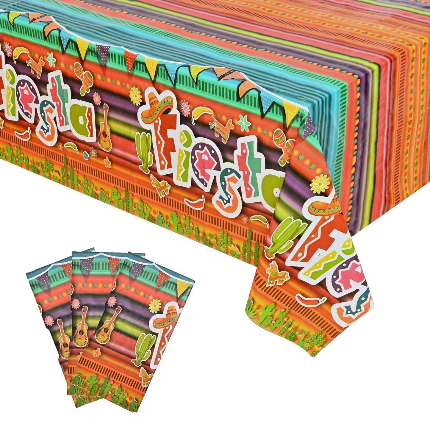 Fiesta Striped Plastic Tablecloth Set - 3 Pack, Cinco De Mayo Party Decorations, Mexican Wedding Table Cover, 54 x 108 Inch Disposable Tablecloth
