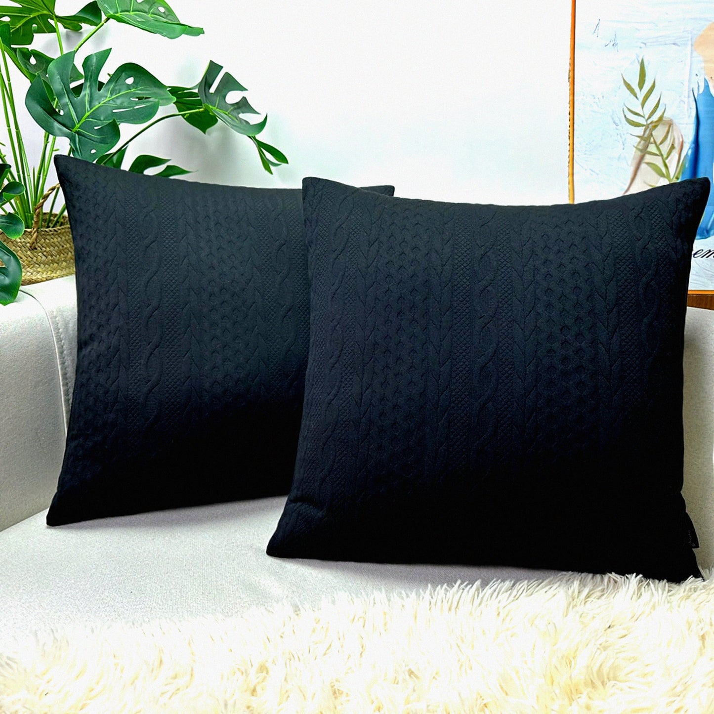 Embossed Black Pillow Covers - Set of 2 | Modern Decorative Cushion Cases for Sofa Bed Chair | Soft Stretchy Fabric | 18x18 inch Square Pillows