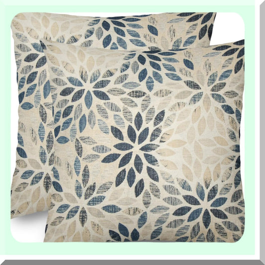 Rustic Floral Linen Pillow Covers Set - Navy Blue Beige Dahlia 18x18 - Geometric Flower Outdoor Decorative Throw Pillows - Farmhouse Cushion Case for Home Sofa Bed - Summer Cream Decor