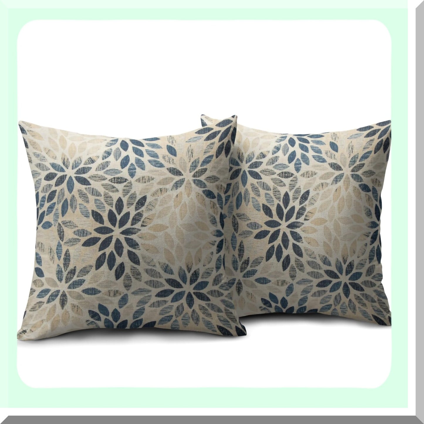 Rustic Floral Linen Pillow Covers Set - Navy Blue Beige Dahlia 18x18 - Geometric Flower Outdoor Decorative Throw Pillows - Farmhouse Cushion Case for Home Sofa Bed - Summer Cream Decor