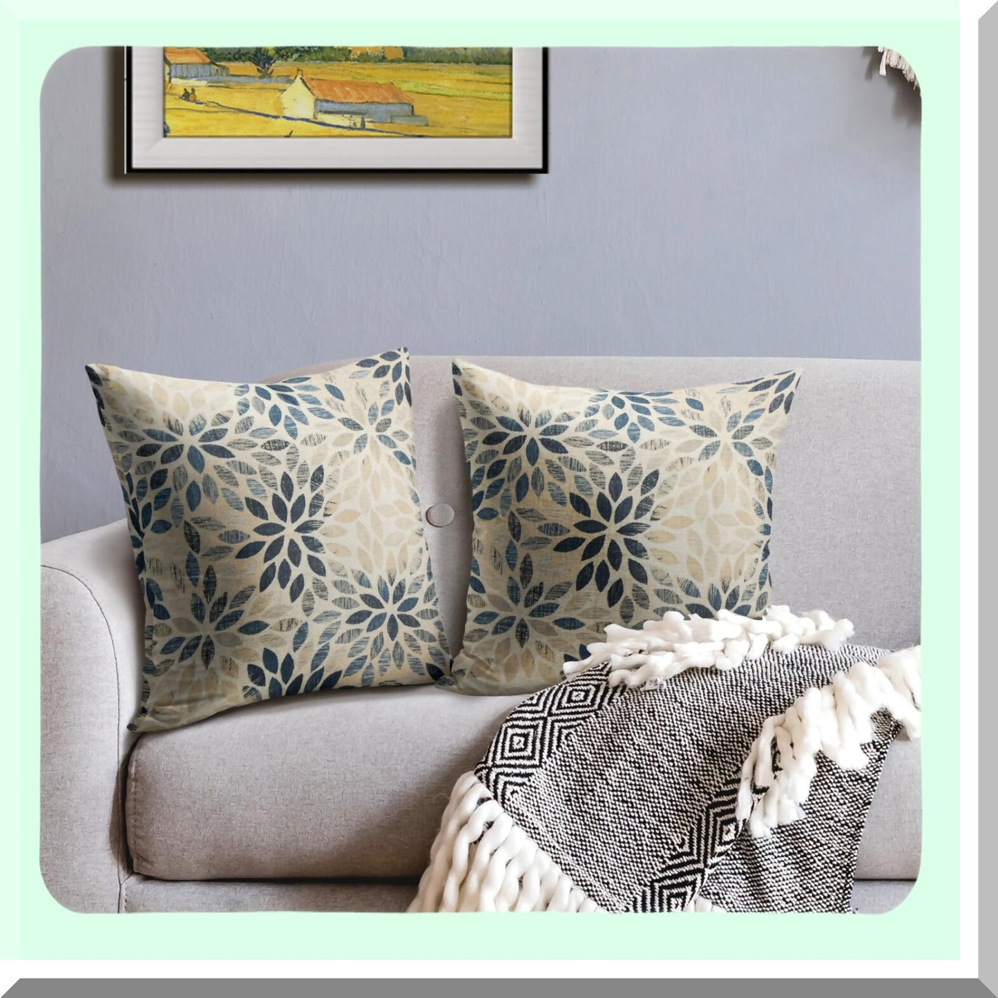 Rustic Floral Linen Pillow Covers Set - Navy Blue Beige Dahlia 18x18 - Geometric Flower Outdoor Decorative Throw Pillows - Farmhouse Cushion Case for Home Sofa Bed - Summer Cream Decor