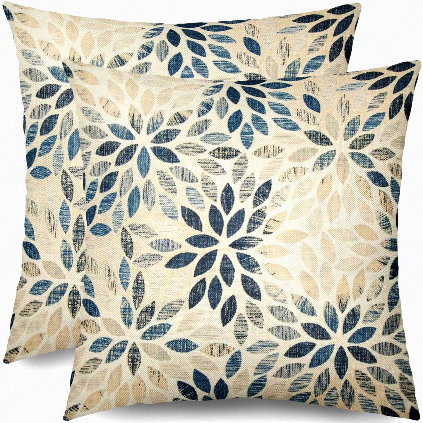 Rustic Floral Linen Pillow Covers Set - Navy Blue Beige Dahlia 18x18 - Geometric Flower Outdoor Decorative Throw Pillows - Farmhouse Cushion Case for Home Sofa Bed - Summer Cream Decor