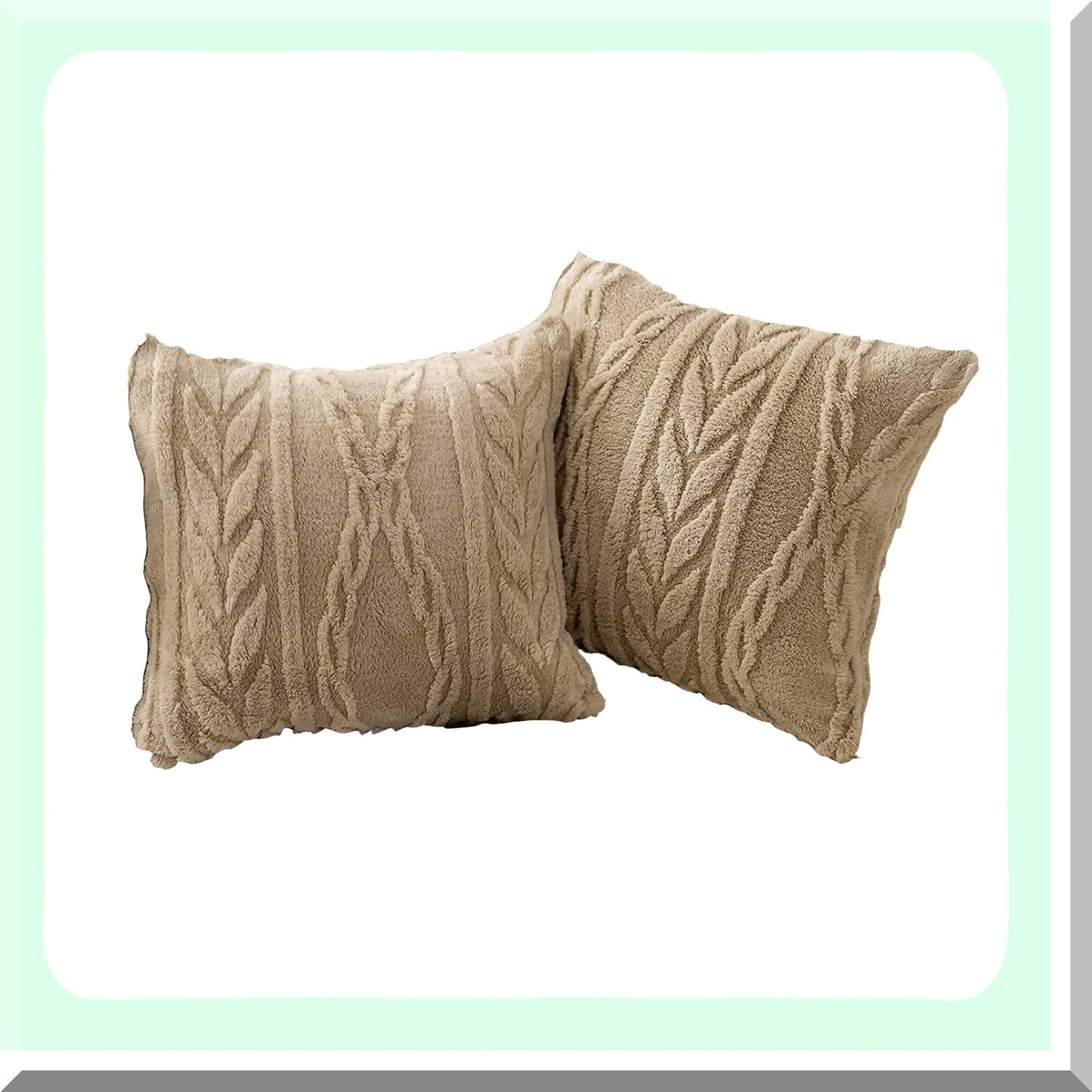 Fuzzy Sherpa 3D Design Pillow Covers - Set of 2 Cozy Fluffy Decorative Cases for Sofa Couch Bedroom - Tan 18"x18"