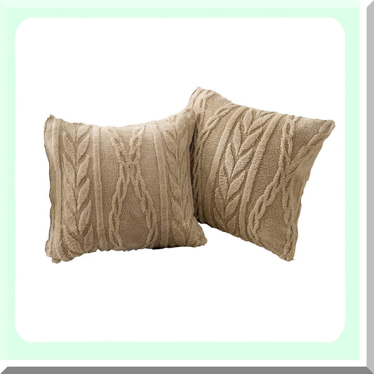 Fuzzy Sherpa 3D Design Pillow Covers - Set of 2 Cozy Fluffy Decorative Cases for Sofa Couch Bedroom - Tan 18"x18"