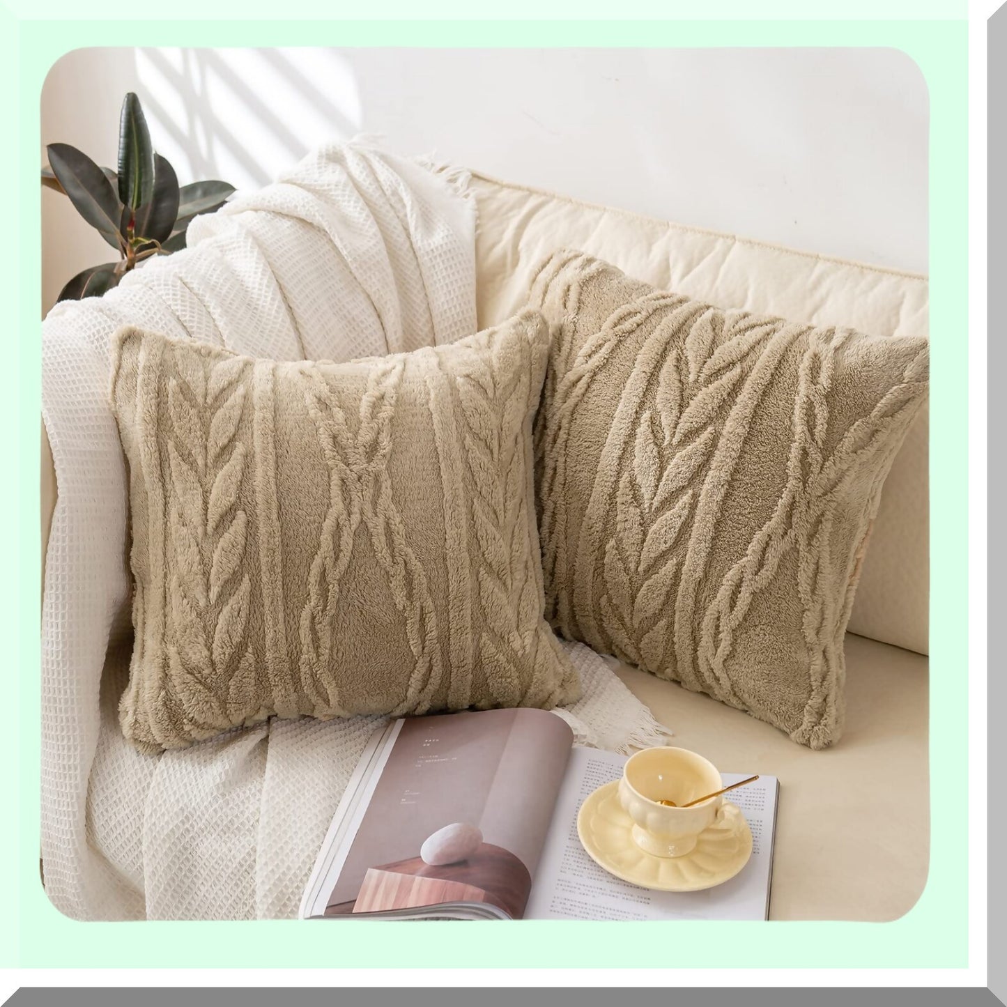 Fuzzy Sherpa 3D Design Pillow Covers - Set of 2 Cozy Fluffy Decorative Cases for Sofa Couch Bedroom - Tan 18"x18"