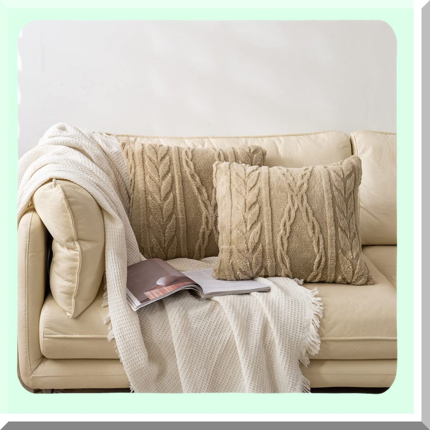 Fuzzy Sherpa 3D Design Pillow Covers - Set of 2 Cozy Fluffy Decorative Cases for Sofa Couch Bedroom - Tan 18"x18"