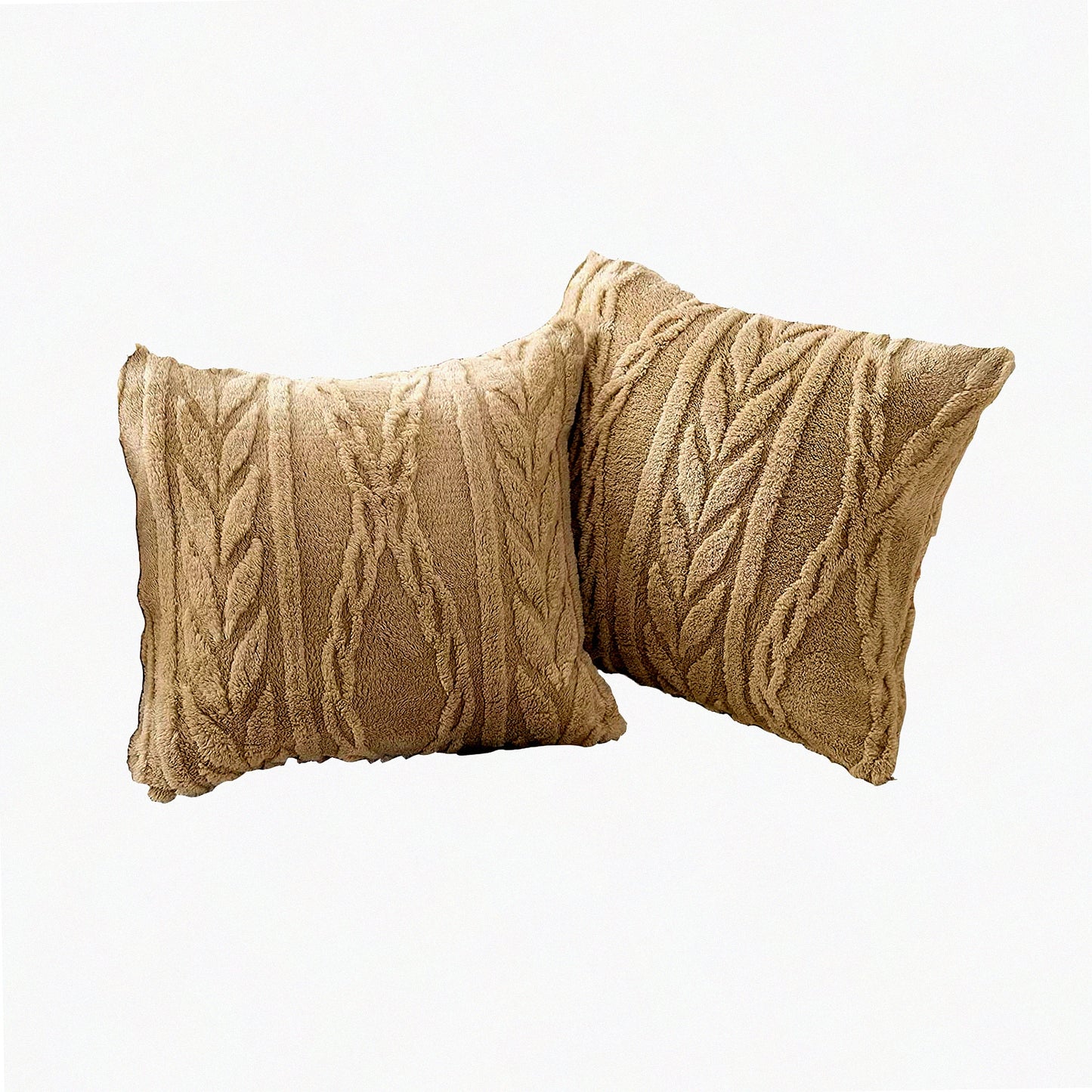 Fuzzy Sherpa 3D Design Pillow Covers - Set of 2 Cozy Fluffy Decorative Cases for Sofa Couch Bedroom - Tan 18"x18"