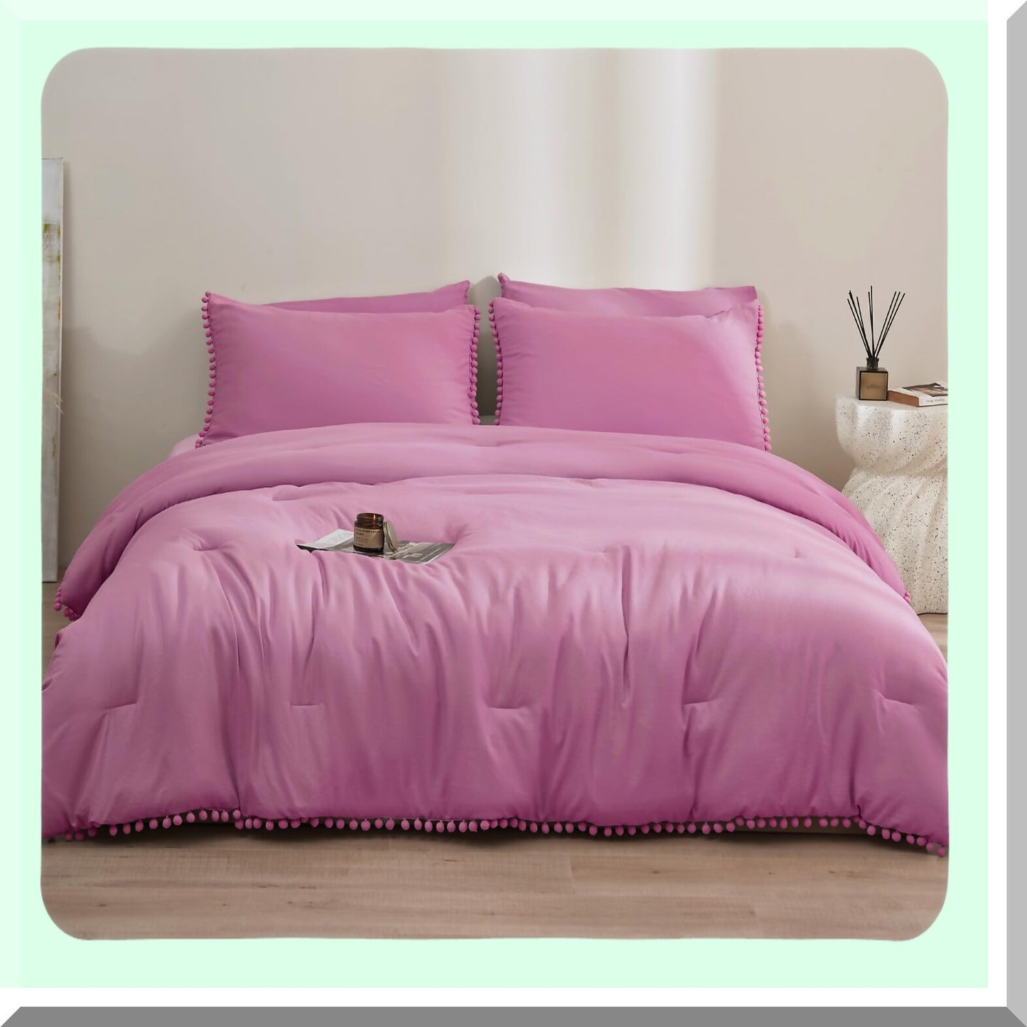 Hot Pink Boho Pom Pom Fringe 5-Piece Queen Comforter Set - Bohemian Bedding with 2 Pillowcases and 2 Pillowshams - Queen Size Comforters