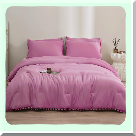 Hot Pink Boho Pom Pom Fringe 5-Piece Queen Comforter Set - Bohemian Bedding with 2 Pillowcases and 2 Pillowshams - Queen Size Comforters