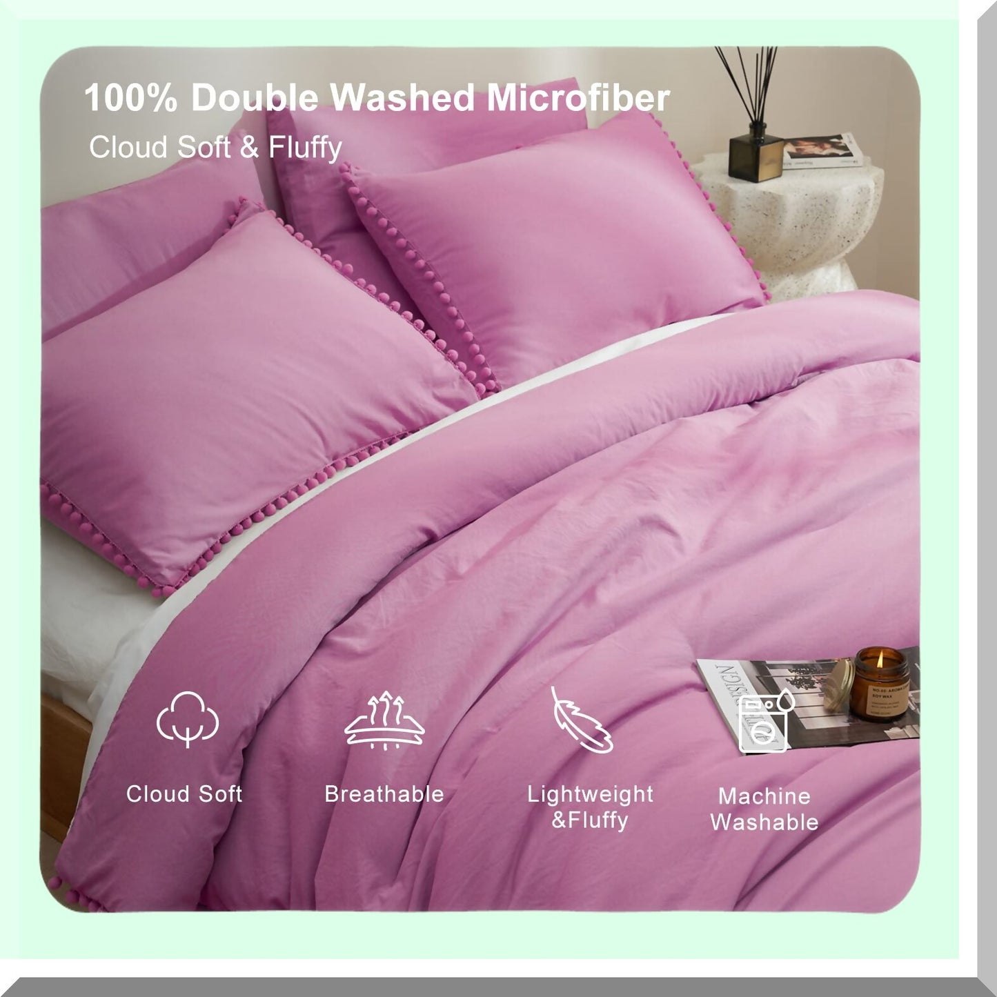 Hot Pink Boho Pom Pom Fringe 5-Piece Queen Comforter Set - Bohemian Bedding with 2 Pillowcases and 2 Pillowshams - Queen Size Comforters