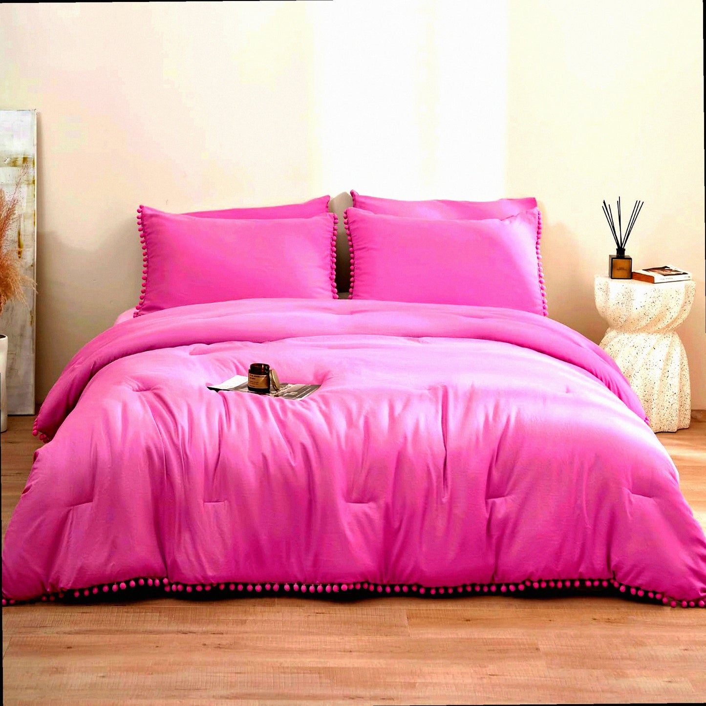 Hot Pink Boho Pom Pom Fringe 5-Piece Queen Comforter Set - Bohemian Bedding with 2 Pillowcases and 2 Pillowshams - Queen Size Comforters