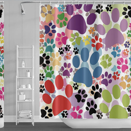 48x72inch Colorful Cartoon Dog and Cat Pawprints Shower Curtain