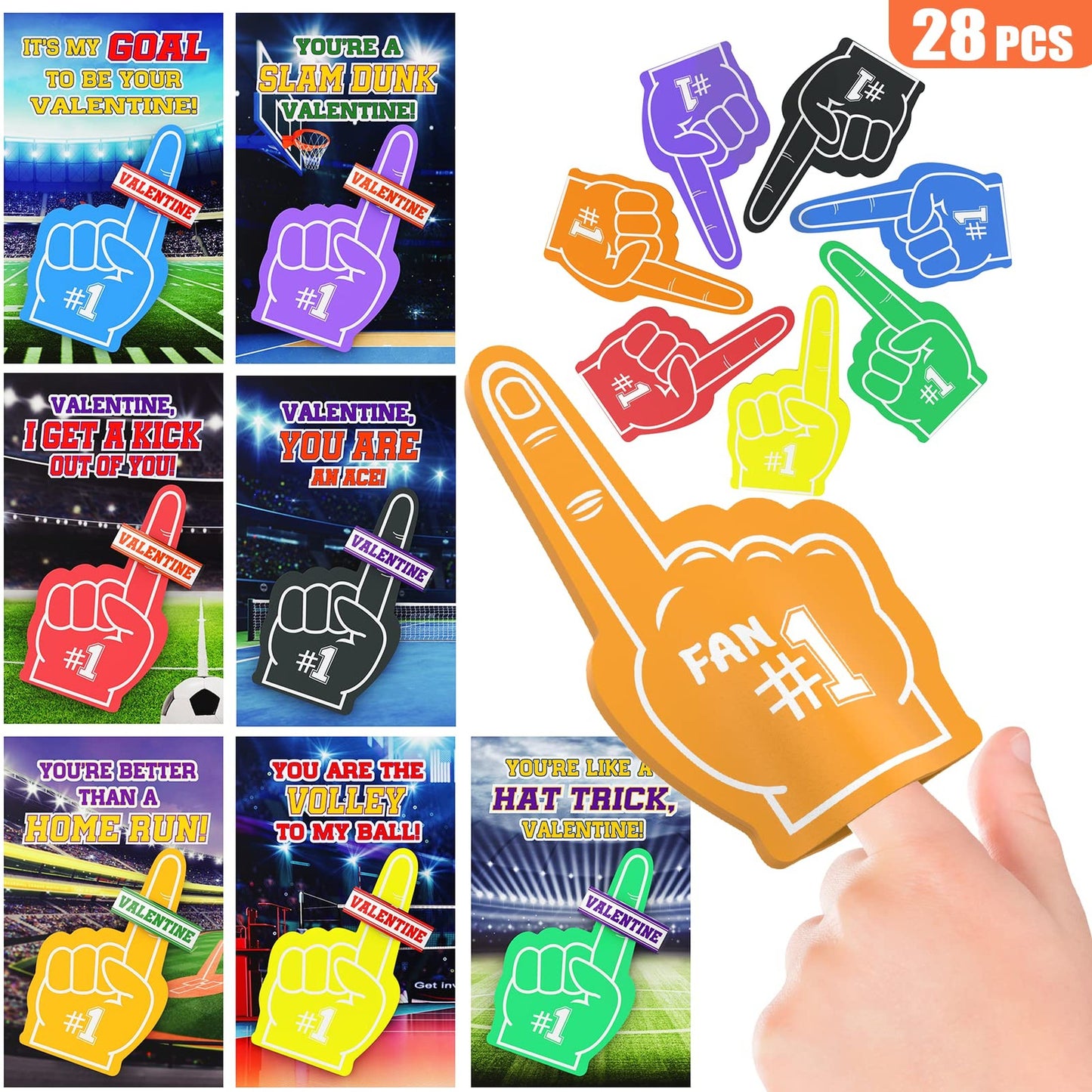 Valentine's Foam Finger Fun Pack - 28pc Sports Cards & Valentines for Kids Party Favor, School Exchange Prizes - Boys & Girls Love It!