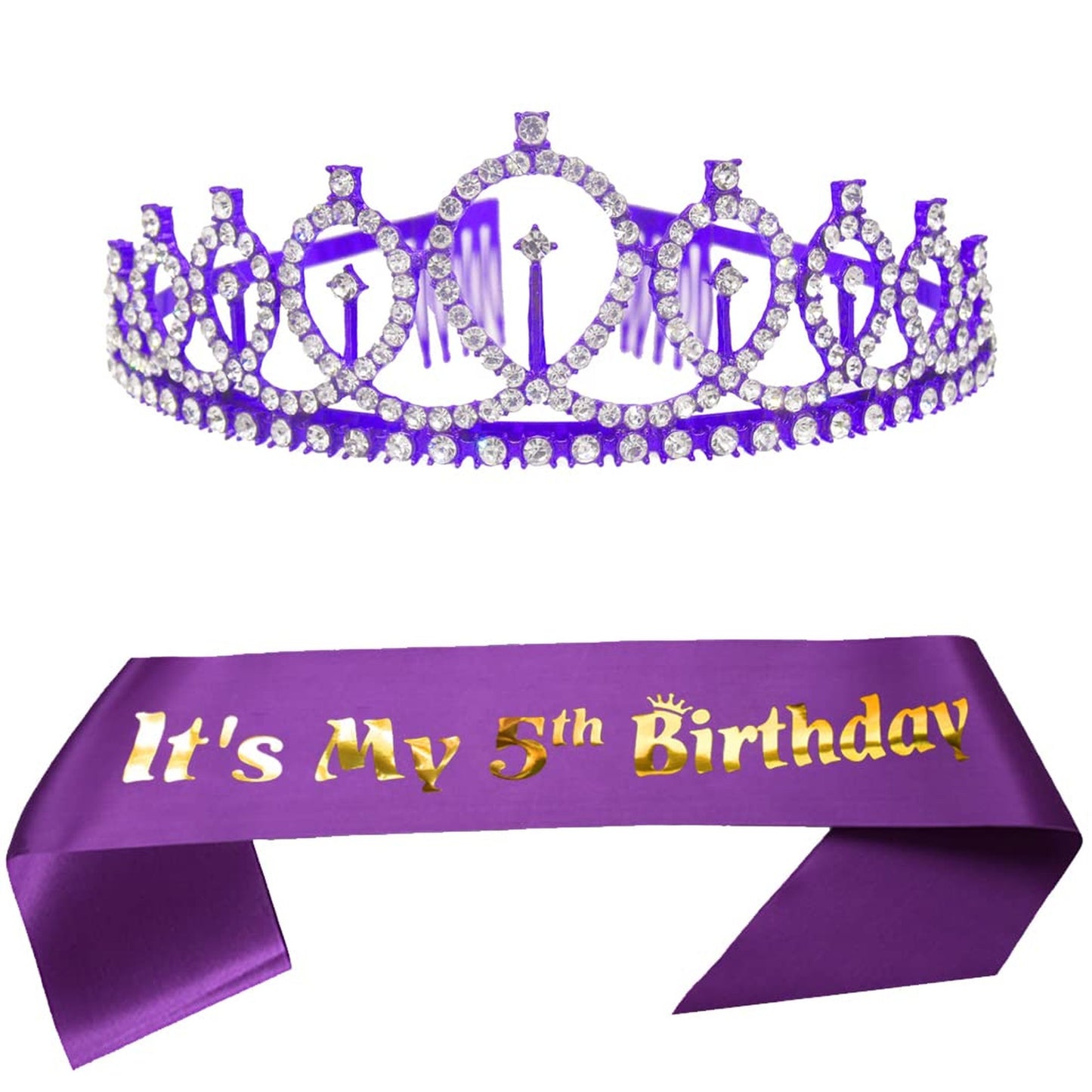Glitter Purple Princess Set - 5th Birthday Sash & Tiara - Birthday Party Decorations for Girls - Crystal Crown & Birthday Sash Kit