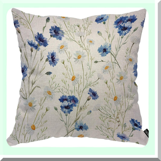Blue Cornflower Blossom Throw Pillow Cover - Vintage Spring Flowers Cozy Cushion Case for Home Decor - Cotton Linen Square 18x18 Inch - Men Women Boys Girls Room