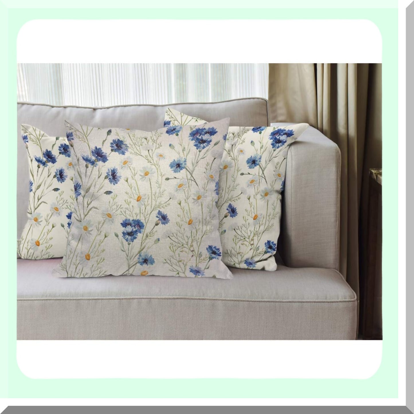 Blue Cornflower Blossom Throw Pillow Cover - Vintage Spring Flowers Cozy Cushion Case for Home Decor - Cotton Linen Square 18x18 Inch - Men Women Boys Girls Room