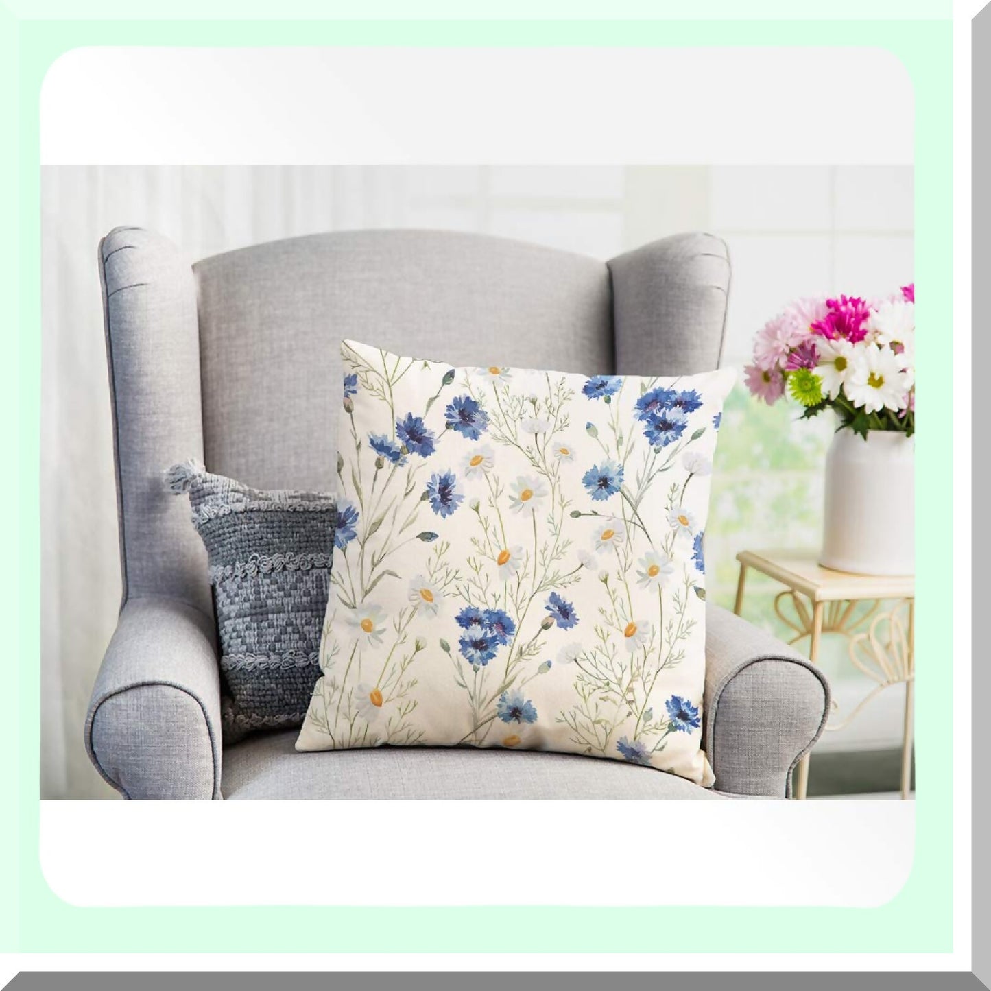 Blue Cornflower Blossom Throw Pillow Cover - Vintage Spring Flowers Cozy Cushion Case for Home Decor - Cotton Linen Square 18x18 Inch - Men Women Boys Girls Room