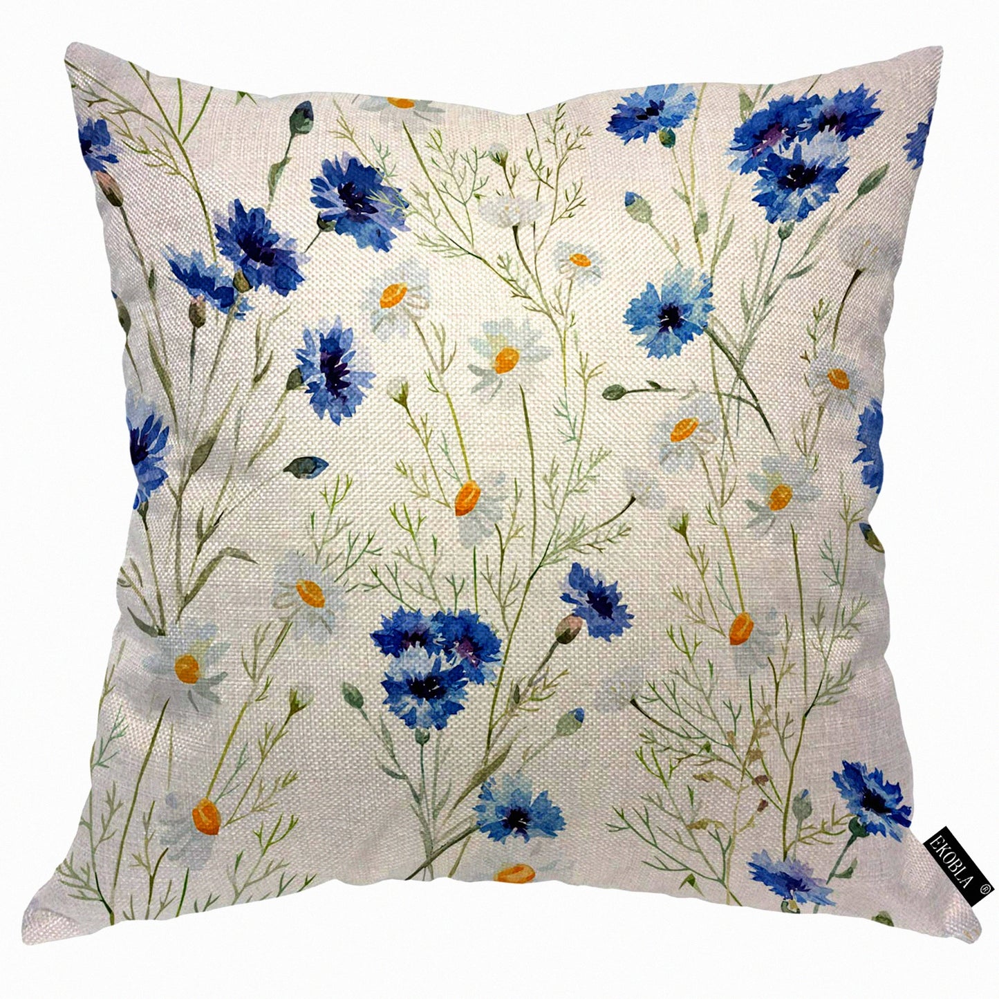 Blue Cornflower Blossom Throw Pillow Cover - Vintage Spring Flowers Cozy Cushion Case for Home Decor - Cotton Linen Square 18x18 Inch - Men Women Boys Girls Room
