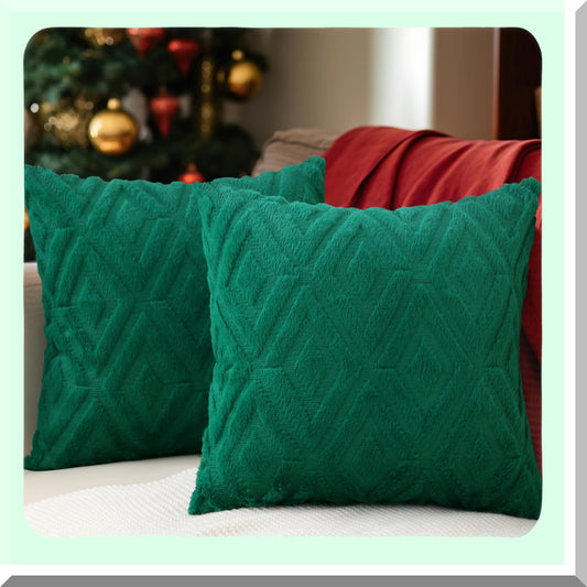 Plush Wool Diamond Throw Pillow Covers - Set of 2 Green 26x26 - Soft Decorative Couch Sofa Pillow Covers for Living Room - 3D Pattern