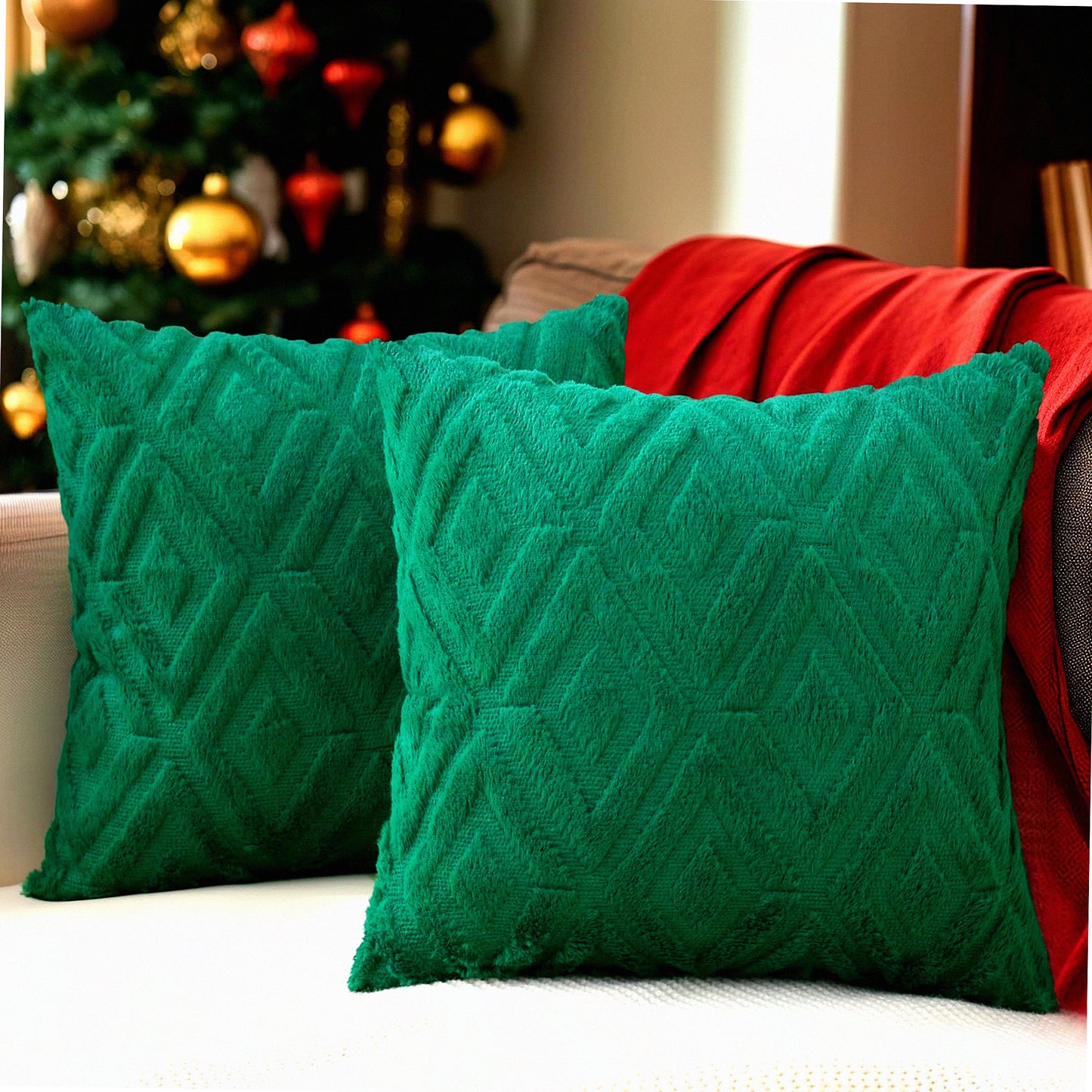 Plush Wool Diamond Throw Pillow Covers - Set of 2 Green 26x26 - Soft Decorative Couch Sofa Pillow Covers for Living Room - 3D Pattern